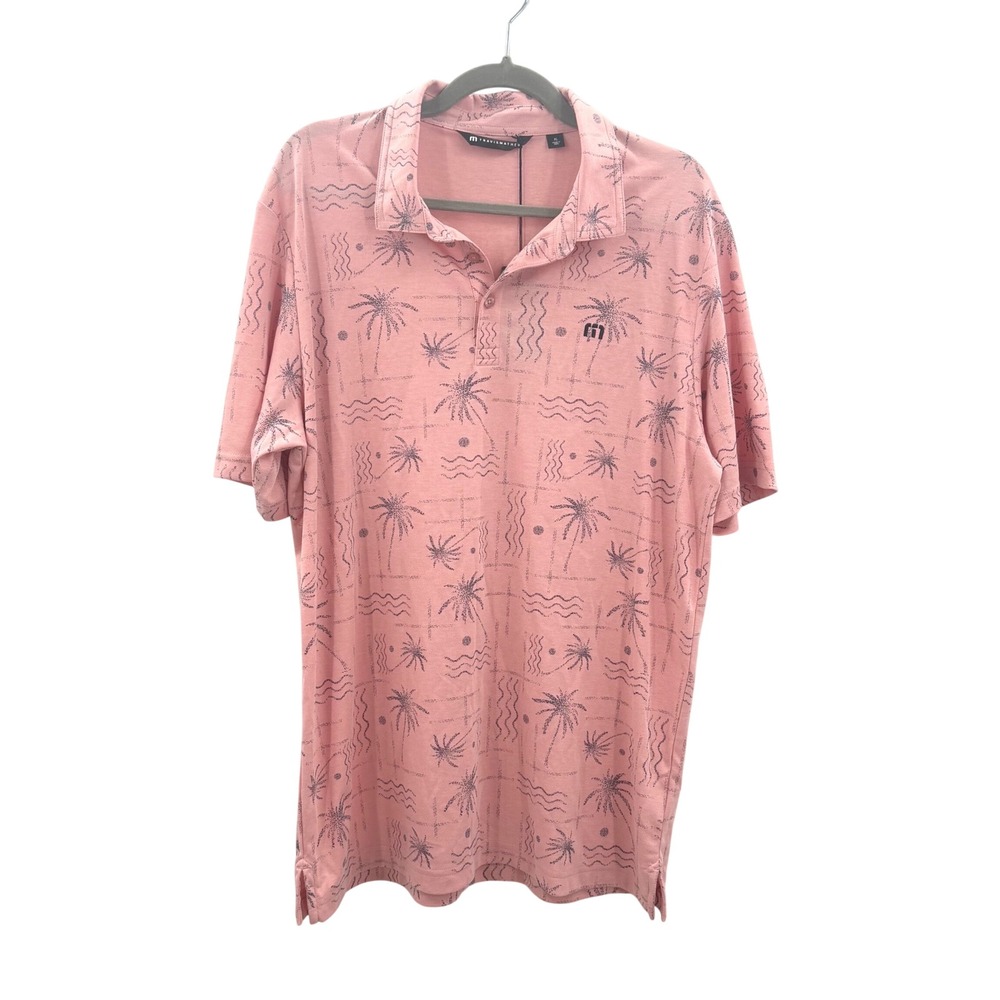 TravisMathew Mens XL Pink Tropical Palm Tree Print Short Sleeve Golf Polo Shirt - Picture 3 of 10
